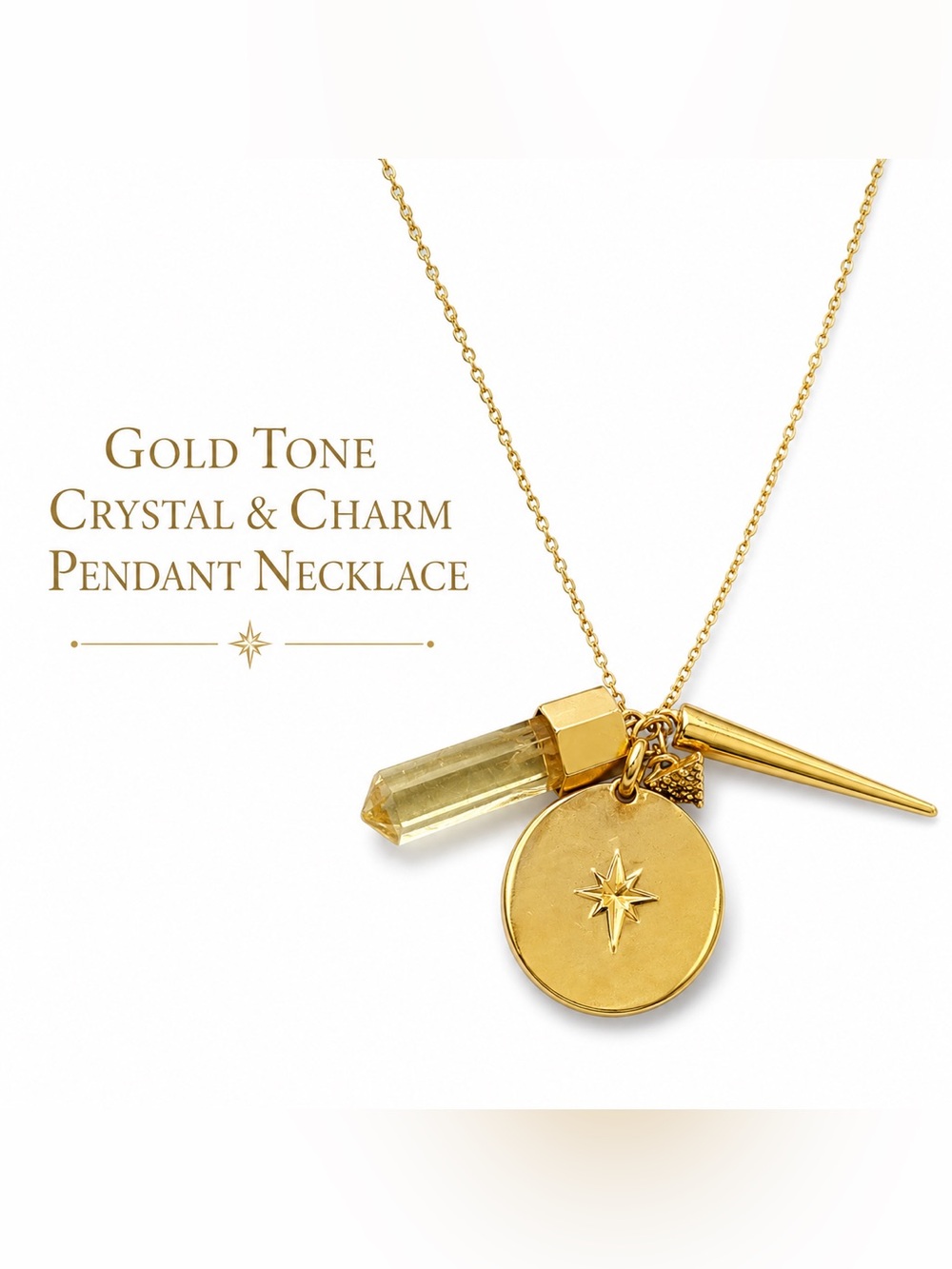 Gold Tone Crystal Point Charm Necklace Celestial Star Pendant Layered Necklace